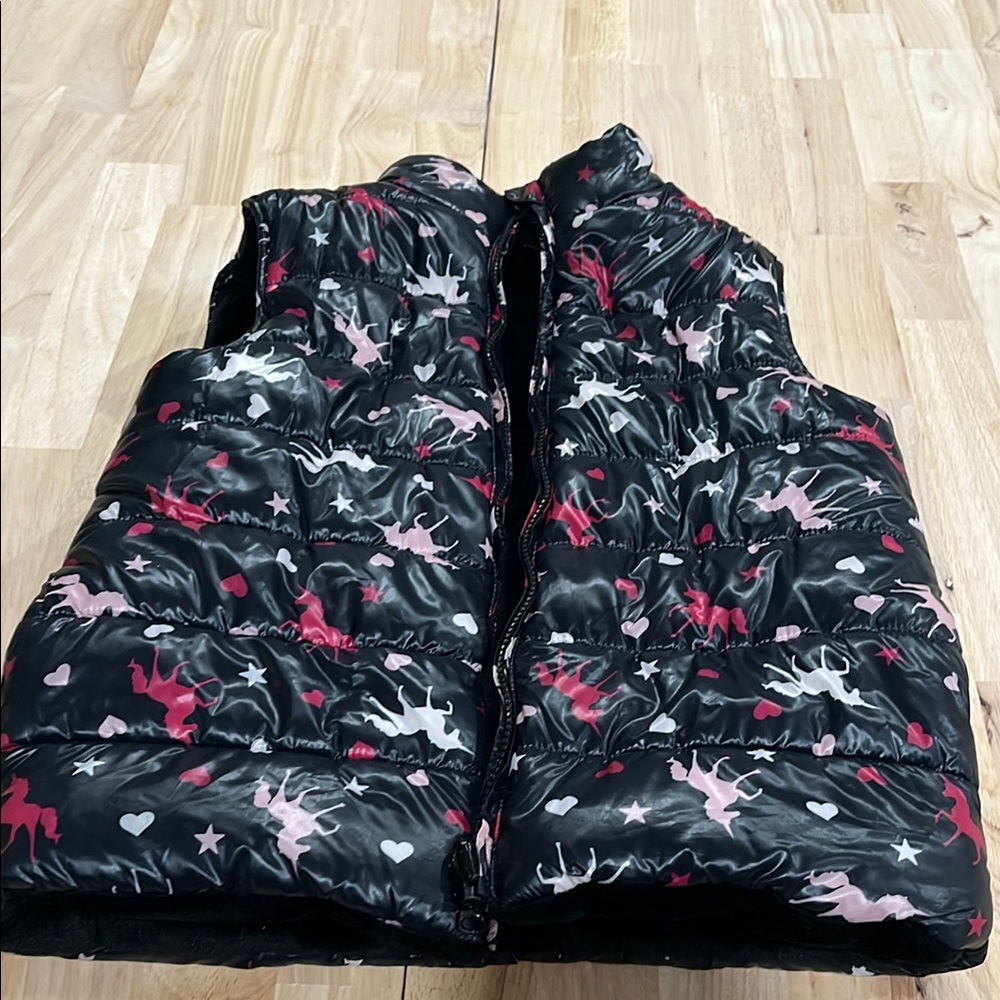Black Puffer Vest with Pink and White Unicorns